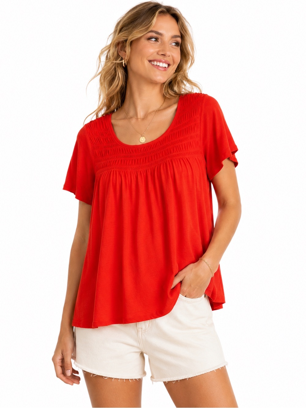 Free People Orange Smocked Babydoll Top Size Medium